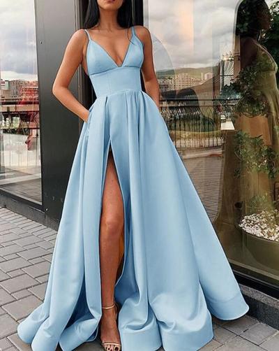 Floor Length Light Blue V Neck Evening Dresses