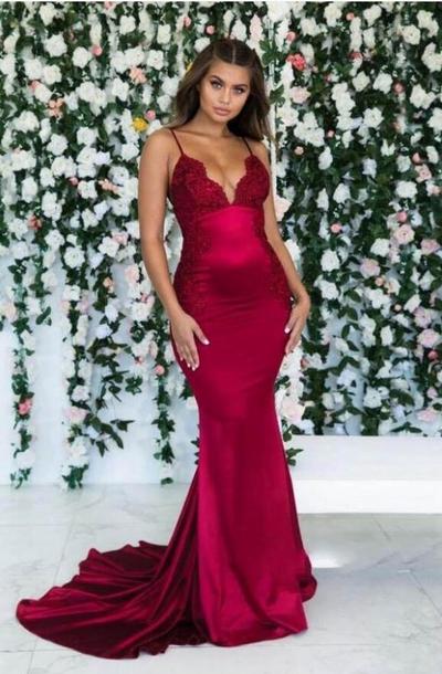 Burgundy Satin Mermaid Prom Dresses Long For Maid Of Honor Formal Gowns Spaghetti Straps Lace Appliqued Plus Size