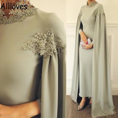 Muslim Arabic Dubai Evening Dresses With Cape Wrap Sage High Neck Lace Appliqued Prom Party Gowns Long Sleeves Moroccan Kaftan