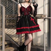 Black Velvet Devil Angel Gothic Fashion Goth Girl Strap Lace Gothic Dress Vest Sleeves Set - Thumbnail 1