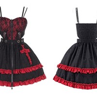 Black Velvet Devil Angel Gothic Fashion Goth Girl Strap Lace Gothic Dress Vest Sleeves Set - Thumbnail 7