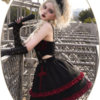 Black Velvet Devil Angel Gothic Fashion Goth Girl Strap Lace Gothic Dress Vest Sleeves Set - Thumbnail 2