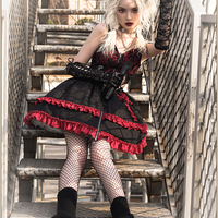 Black Velvet Devil Angel Gothic Fashion Goth Girl Strap Lace Gothic Dress Vest Sleeves Set - Thumbnail 3