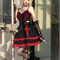 Black Velvet Devil Angel Gothic Fashion Goth Girl Strap Lace Gothic Dress Vest Sleeves Set - Thumbnail 4