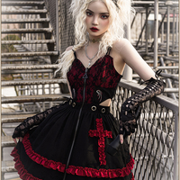 Black Velvet Devil Angel Gothic Fashion Goth Girl Strap Lace Gothic Dress Vest Sleeves Set - Thumbnail 5