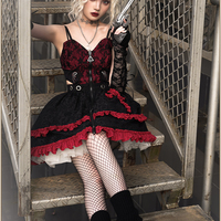 Black Velvet Devil Angel Gothic Fashion Goth Girl Strap Lace Gothic Dress Vest Sleeves Set - Thumbnail 6