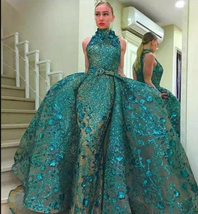 Hunter Green Overskirts Mermaid Prom Dresses High Neck Lace Appliqued Sequined Formal Evening Gowns Custom Made Plus Size Dress