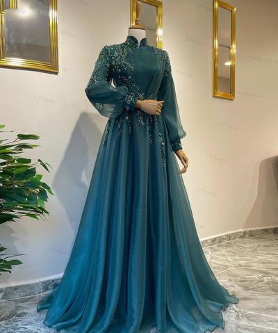 A Line high neck green chiffon prom dresses with long sleeves