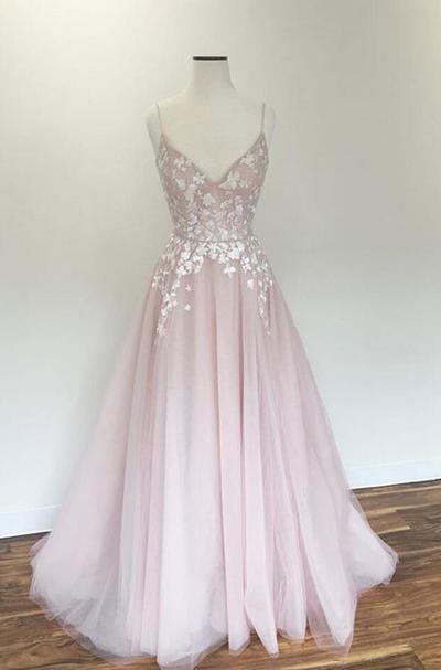 A Line Light pink v neck tulle prom dresses