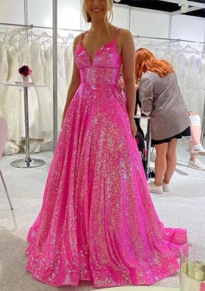 A Line Fuchsia Criss Cross Back Sequin Prom Dresses