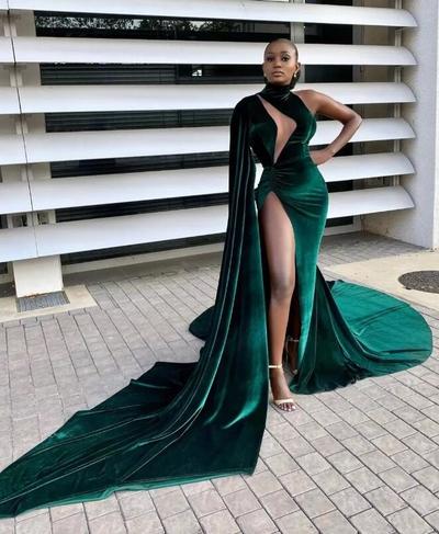 Sexy High Side Split Fiesta New Style Green Velvet Sleeves Prom Dresses
