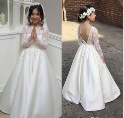 Sheer Neck White Flower Girl Dresses with Sleeves