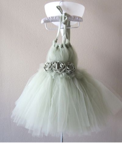 Sage Halter Flower Girl Dresses with Handmade Flowers