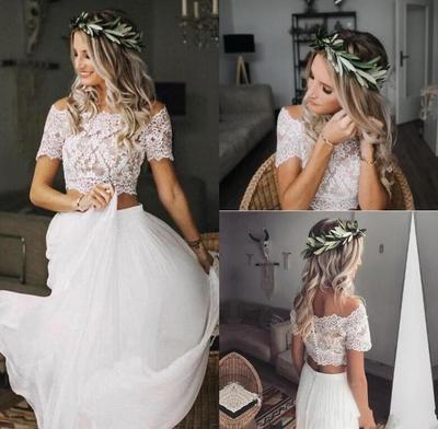 Two Piece Chiffon Wedding Dresses with Short Sleeves