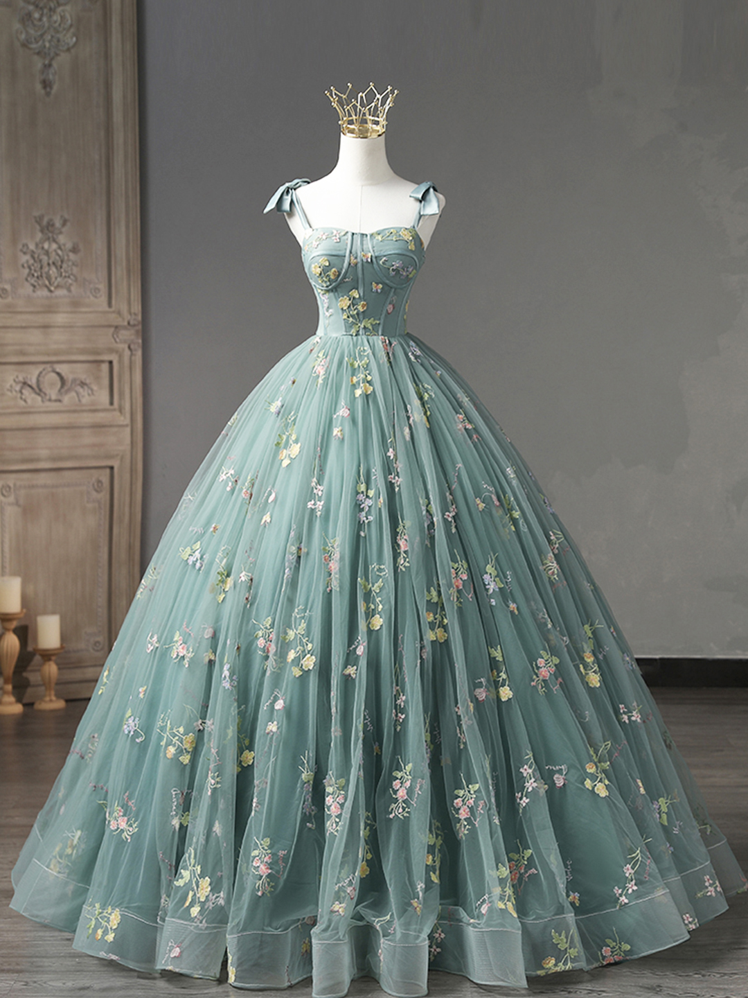 Lovely Floral Tulle Long Prom Dress, Green Off Shoulder Evening Party Dress