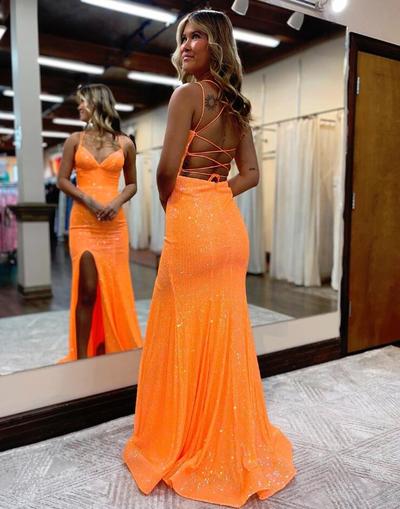 Sexy V Neck Orange Sequins Prom Dresses with Slit