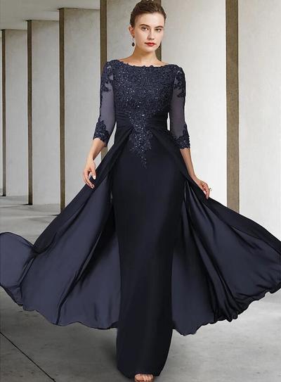 Sheath 3/4 Sleeves Navy Blue Mother of the Bride Dresses with Lace Appliques