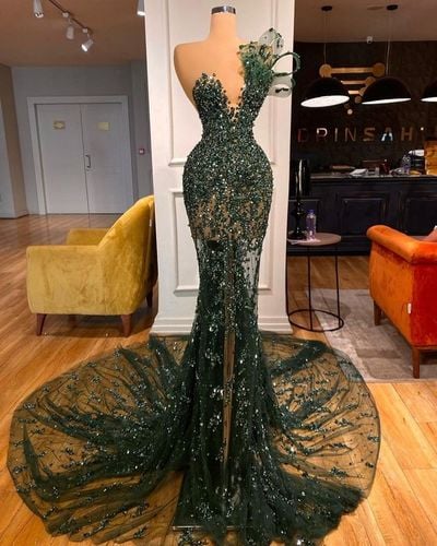 Dark Green Sequins Lace Beaded Crystals Prom Dresses  for Black Girls Sparkly Sequins Long Sleeves Birthday Party Evening Dress Robe De Bal