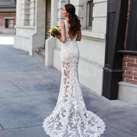 Deep V-Neck Embroidery Mermaid Wedding Dresses See Through Split Front Summer Bridal Gown Sweep Train Boho Bridal Dress - Thumbnail 1
