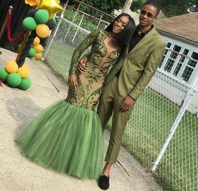 Elegant Green Arabic African Mermaid Prom Dresses Long Black Girls Long Sleeves Prom Gowns vestido de novia