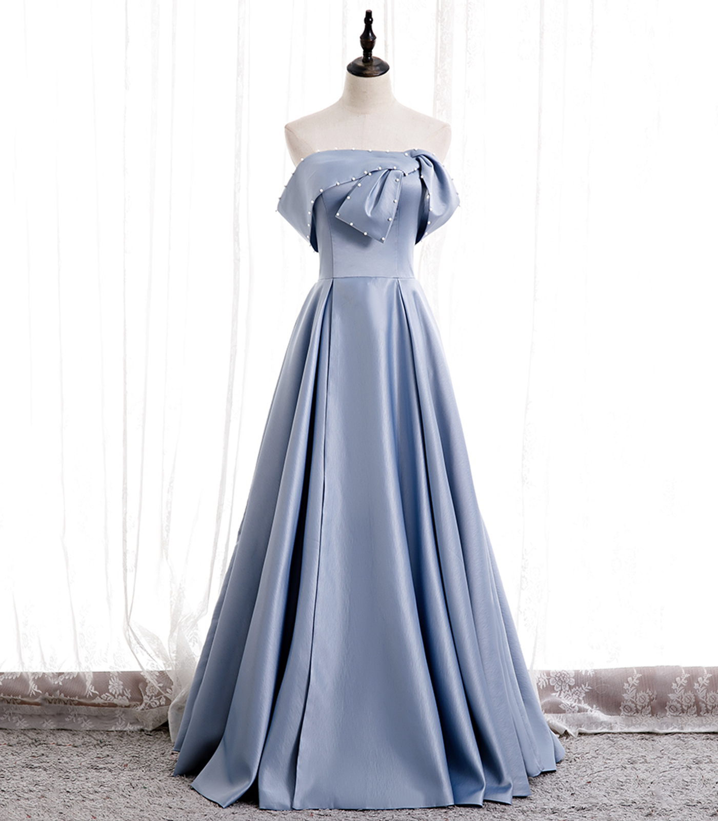 Blue Satin Long Prom Dress with Pearls, Blue A-Line Strapless Party Dress