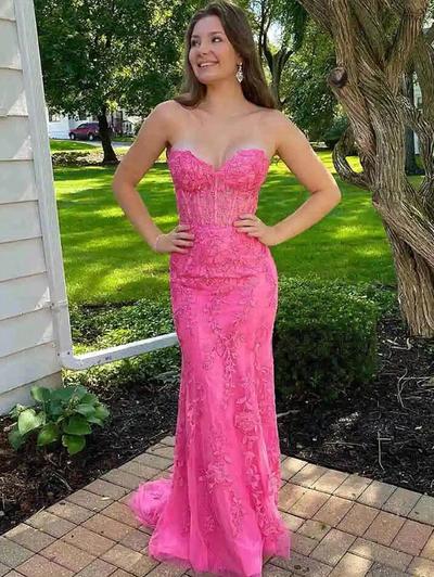 Sheath Sweetheart Hot Pink Long Prom Dress with Appliques