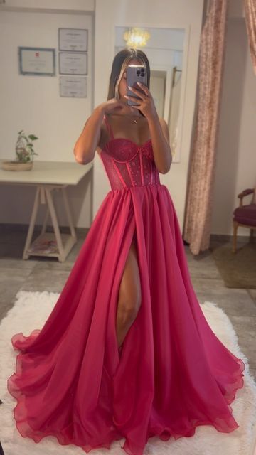 Hot Pink A Line Lace Bodice SIde Slit Prom Dress Evening Gowns
