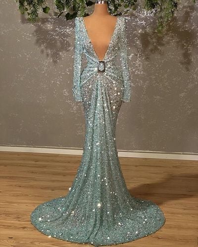 Mint Green Sexy Deep V Neck Sequins Lace  Prom Dress Evening Dress