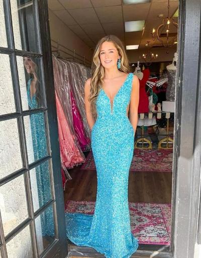 Sexy Mermaid V Neck Blue Sequins Prom Dresses