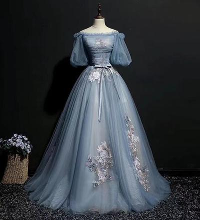 Unique gray blue tulle lace applique prom dresses