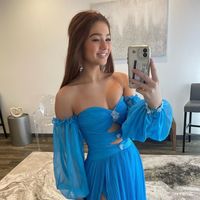 Charming A Line Off the Shoulder Blue Chiffon Long Prom Dresses - Thumbnail 2