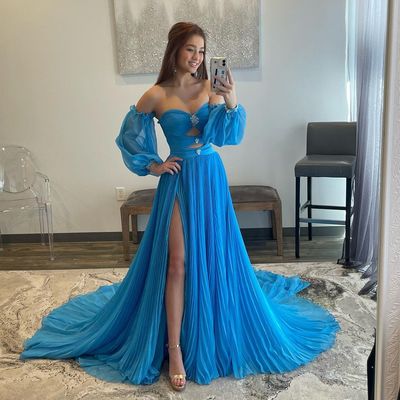 Charming A Line Off the Shoulder Blue Chiffon Long Prom Dresses