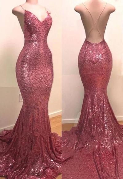 Spaghetti Straps Unique Mermaid/Trumpet V Neck Sequin Prom Dress
