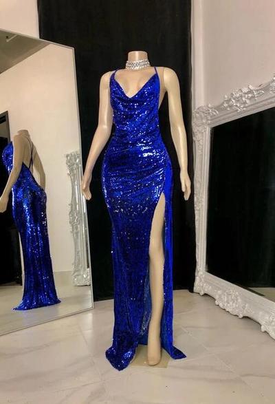 Sexy Royal Blue V Neck Spaghetti Straps Crisscross Back Sequin Prom Dresses