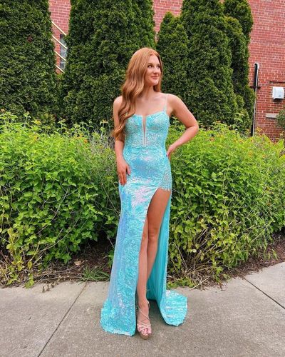 SP2251,Charming Sparkly Mermaid Sequins Long Prom Dresses with Slit,Spaghetti Straps Applique Evening Dresses