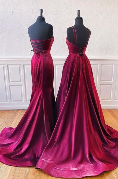 Simple Burgundy Satin V Neck Long Prom Dresses
