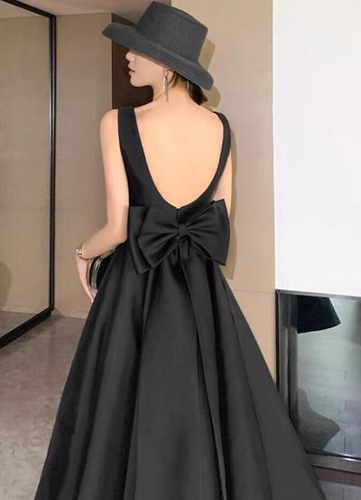 Simple Tea Length Black Prom Dress With Bow