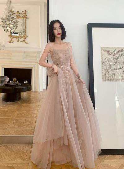 A Line Light Champagne Tulle Long Formal Prom Dress With Sequins