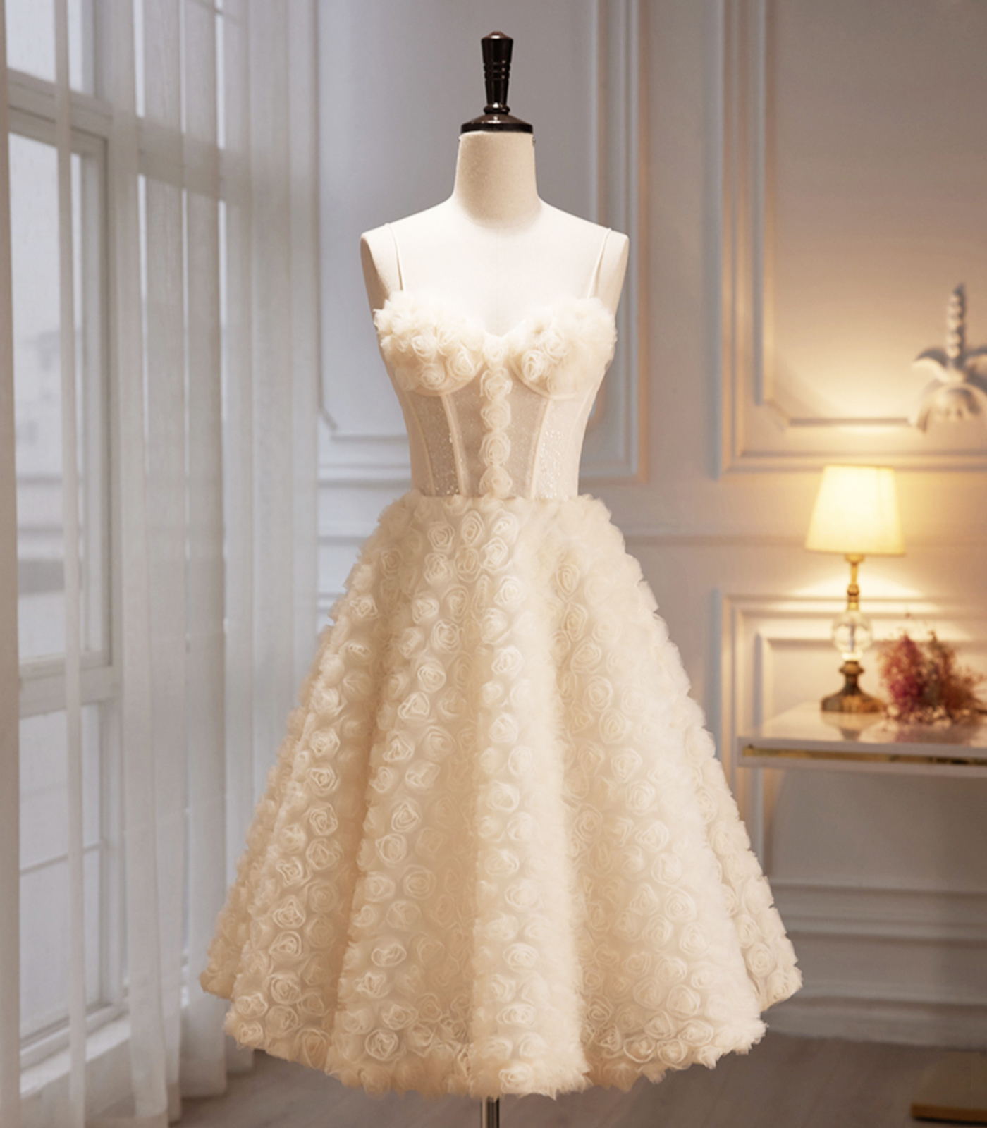 Champagne Tulle Short Prom Dress, Lovely Spaghetti Strap Homecoming Dress