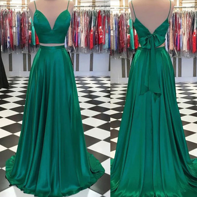 Two Piece Prom Dresses Green with Tie up