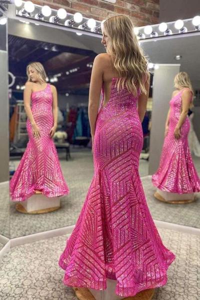 One Shoulder Hot Pink Sequin Long Prom Dress