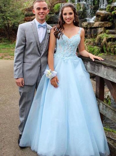 Princess A Line light blue lace tulle prom dresses
