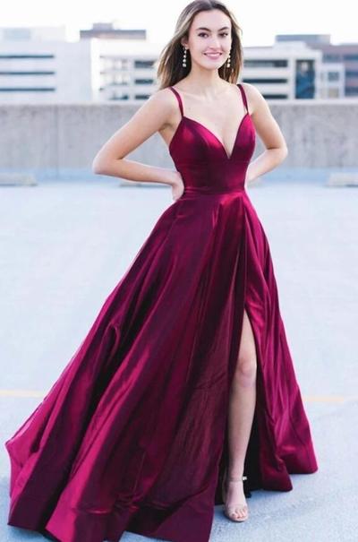 A Line Burgundy satin v-neck long evening dresses
