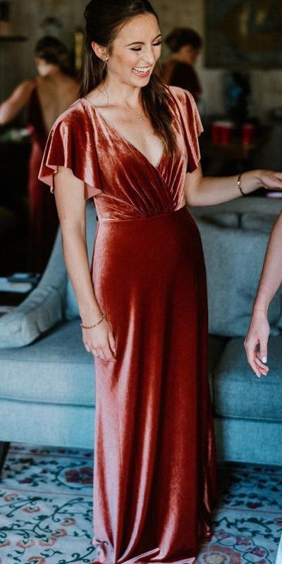 Burgundy Velvet V Neck Mother of Bride Dress Evening Dress