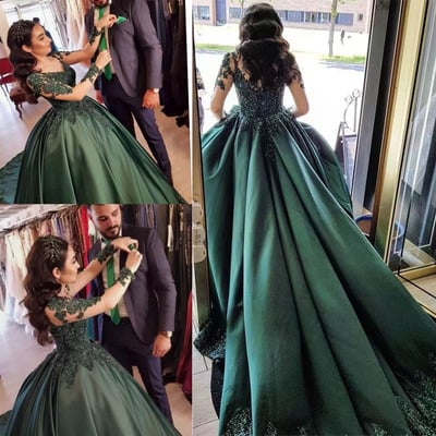 Olive Green Prom Dresses Princess Gown with Full Sleeves