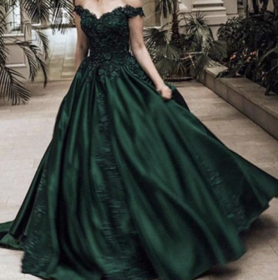 Off Shoulder Dark Green Prom Dresses with Lace Appliques