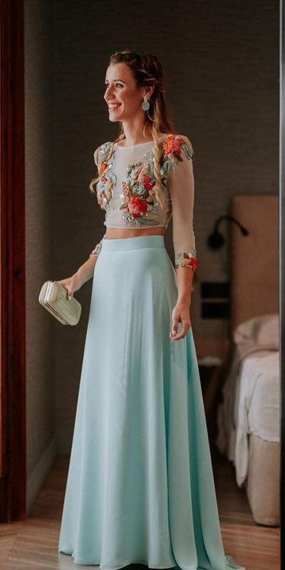 Eleghant Two Pieces Handmade Flowers Mother of Bride and Groom Dress Evening Dress
