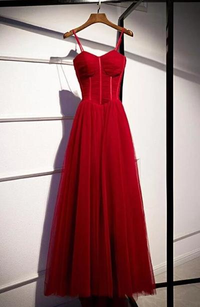 A Line Straps Burgundy Tulle Long Party Dresses