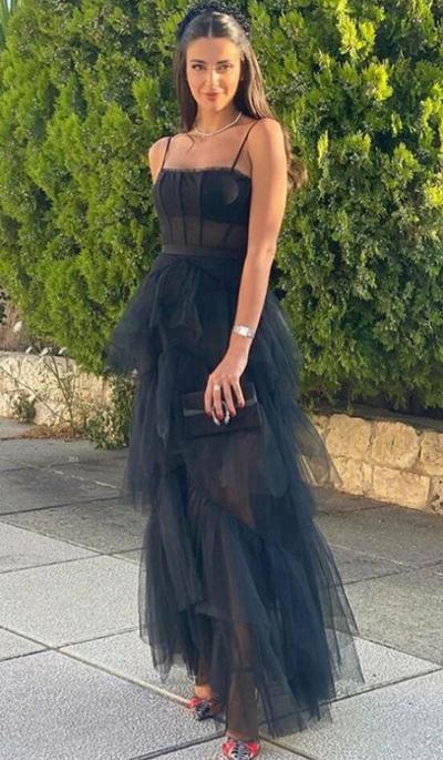 Spaghetti Strap Mesh Corset Long Black Prom Dress
