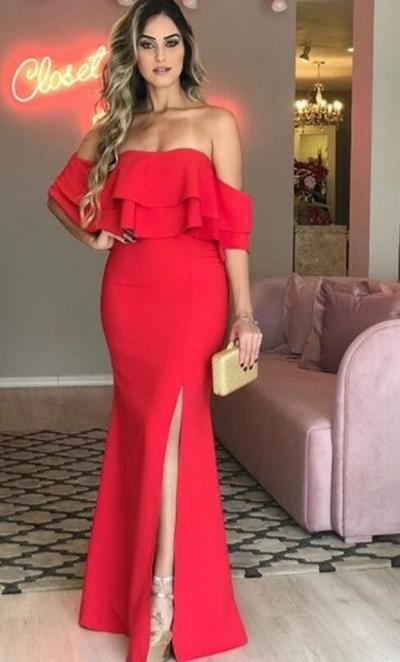 Off the Shoulder Long Evening Formal Gowns With Side Slit